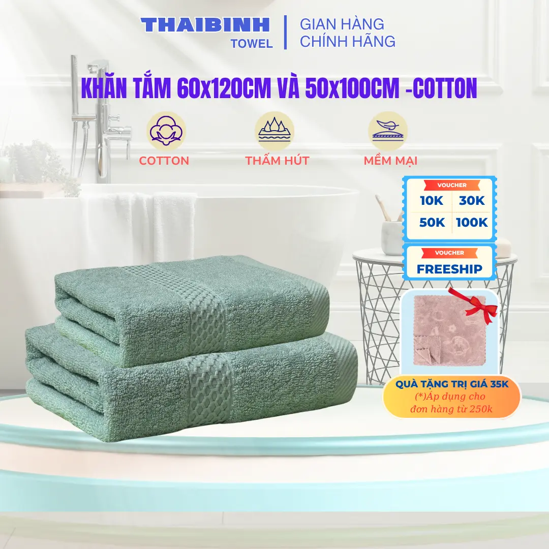 Khăn tắm Thaibinh với kích thước 50x100cm hoặc 60x120cm  100 % cotton không đổ lông, thấm hút tốt, không phai màu