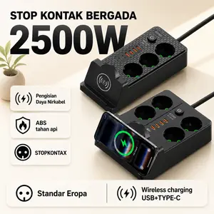 COD 2026 Pengisian Nirkabel 2500W Stop Kontak Murah Colokan Listrik Multifungsi Aman Estetik Saklar Mandiri On Off 4 USB+2 Type-C+3/4 Lubang Colokan T 3 Cabang Kabel 2 3 5 Meter Power Strip Terminal Listrik Colokan Kabel 5 Meter