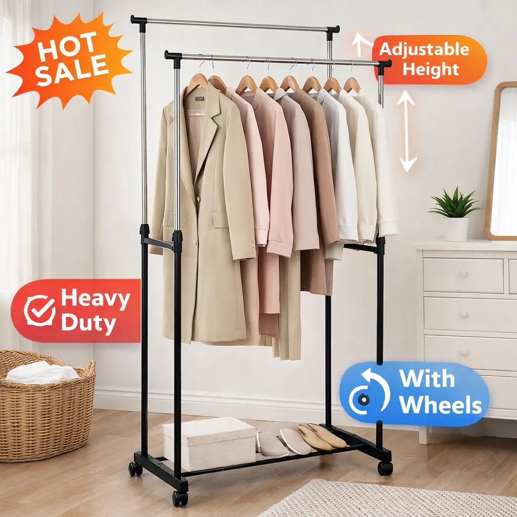Adjustable Double Rod Clothes Rack with Wheels, Heavy Duty Garment Rack ...