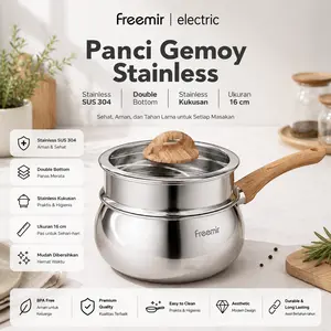 freemir Panci Gemoy 16 cm Stainless Steel 304 Dengan Kukusan Steamer Tutup Kaca Healthy Cooking Anti Lengket Multifungsi Kitchenware