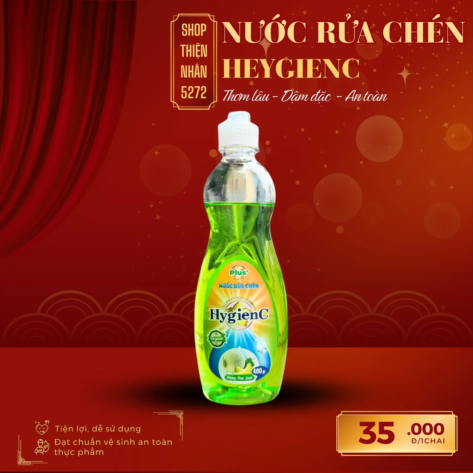 Nước Rửa Chén 400gr HygienC Hương Dưa Lưới - Nước Rửa Chén Sinh Học An Toàn Cho Da Tay