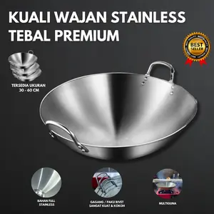 “COD”wajan penggorengan tebal semua stainless steel/Panci Goreng Stainless Steel Tebal dengan Pegangan Ganda, Dasar Bulat Full Steel, Cocok untuk Penggunaan Komersial di Dapur Besar dengan Kompor Gas, Ukuran Ekstra Besar/wajanB
