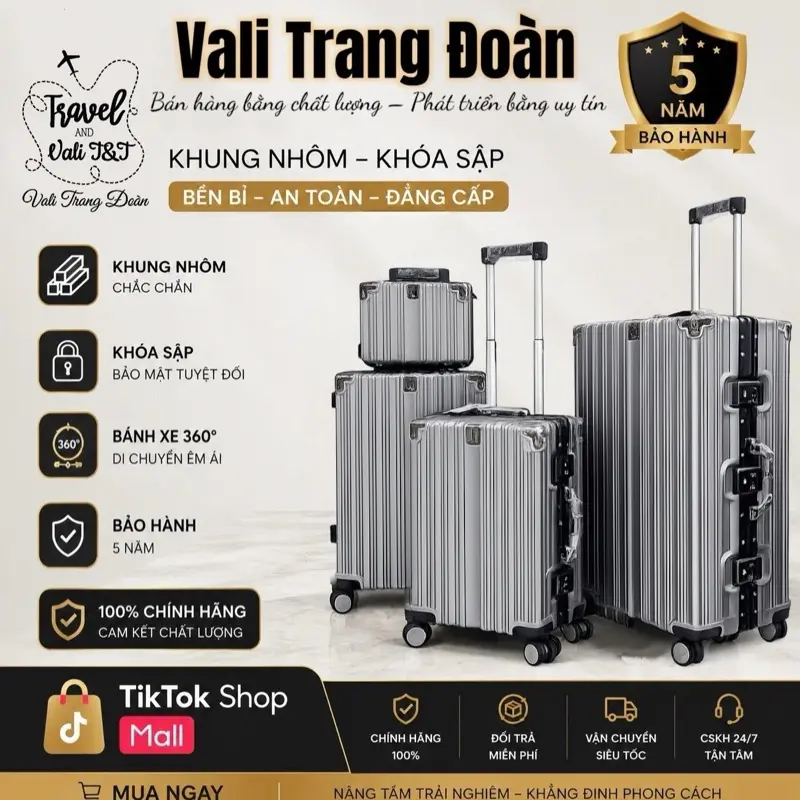 Vali Trang Đoàn TĐ93 Khung Nhôm -2 Khoá Kín,Có Ngăn Chống Nước, Size 24 có 2 khoá, Size 28 Chỉ Có 1 ngăn kín Kèm Dây Đai tăng tối đa diện tích lưu trữ. BH 5 Năm. Nhựa PC Cao Cấp, Bánh Xe Xoay 360° Siêu Êm -TĐ93