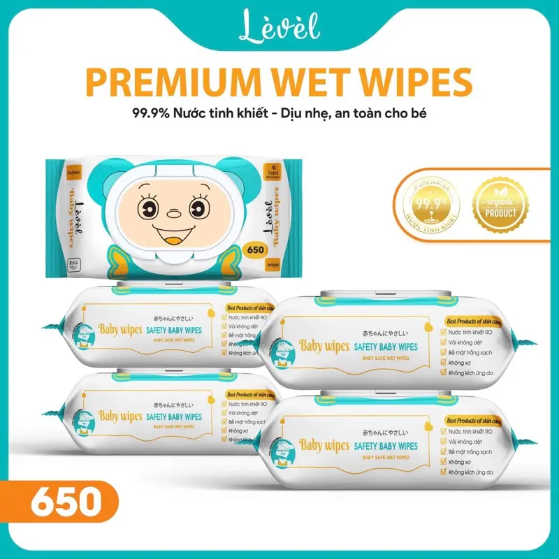 (Không Có Thùng Nhựa) Combo 10 Bịch Khăn Ướt LEVEL (Gấu) 420gr Chất Lượng Cao, Khăn Ướt Giá Rẻ Chất Liệu Vải Chấm Bi Không Mùi An Toàn Cho Bé, Khăn Giấy Lau Mặt 16x22cm