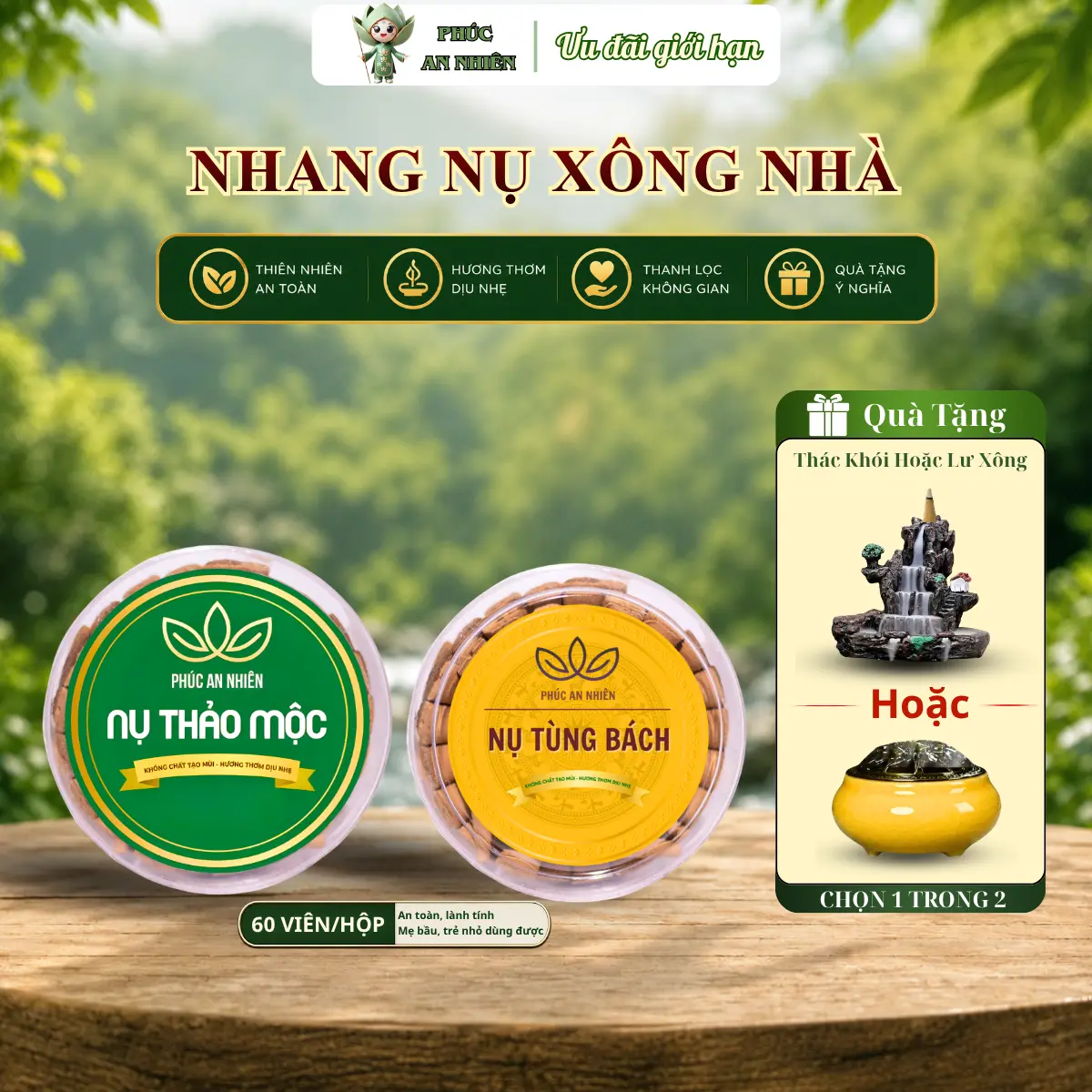 [Tặng Lư Xông/Thác Khói] Combo 2 Hộp Nhang Nụ Cao Cấp 60 Viên Xông Nhà Hằng Ngày Hương Dịu Nhẹ An Toàn - Thảo Mộc/ Quế/ Ngọc Am/ Tùng Bách - Phúc An Nhiên
