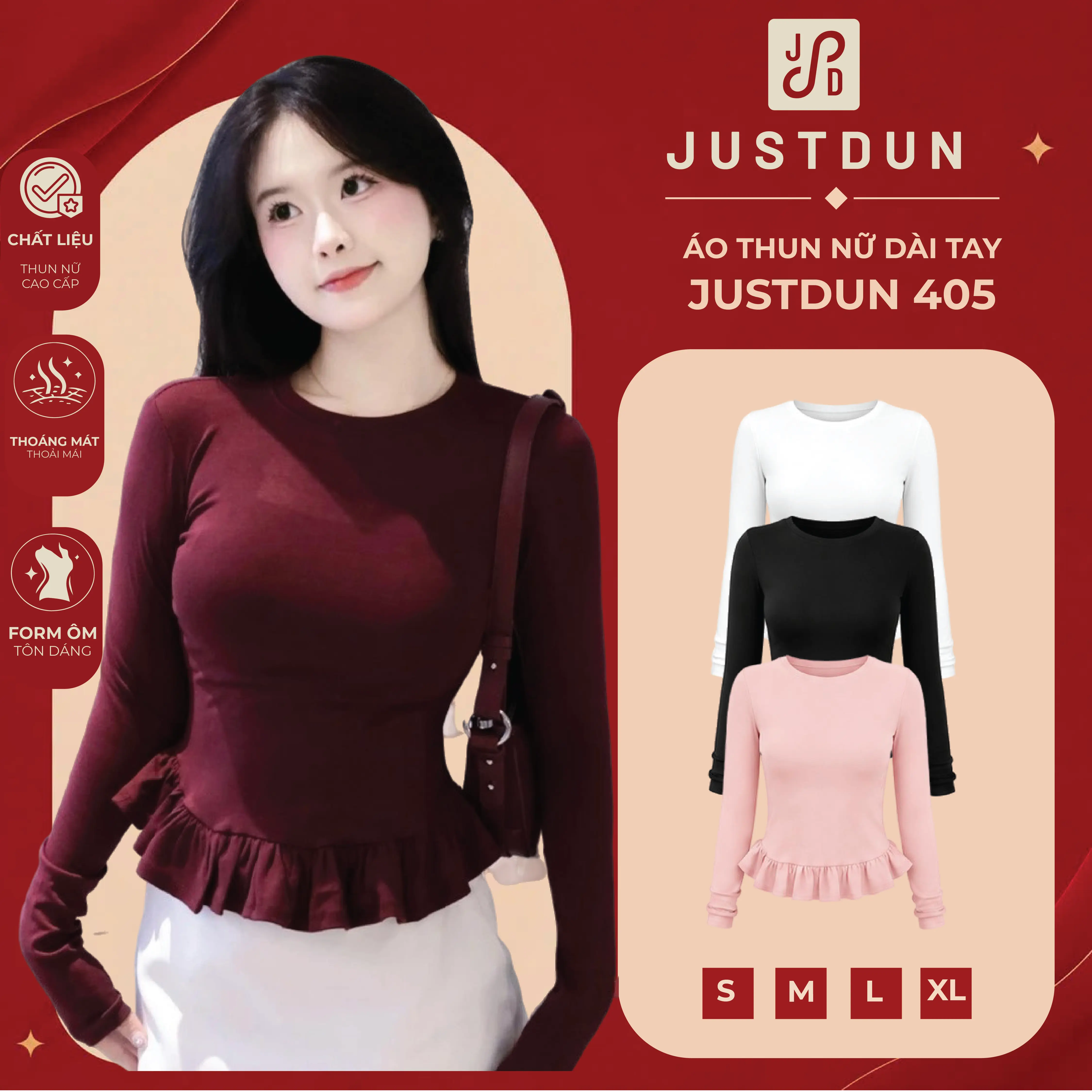 [DEAL XẢ KHO] Áo Thun Nữ Dài Tay Ôm Body JUSTDUN 405 - Phối Viền Bèo Xinh, Cotton Mịn Cao Cấp, Tôn Dáng