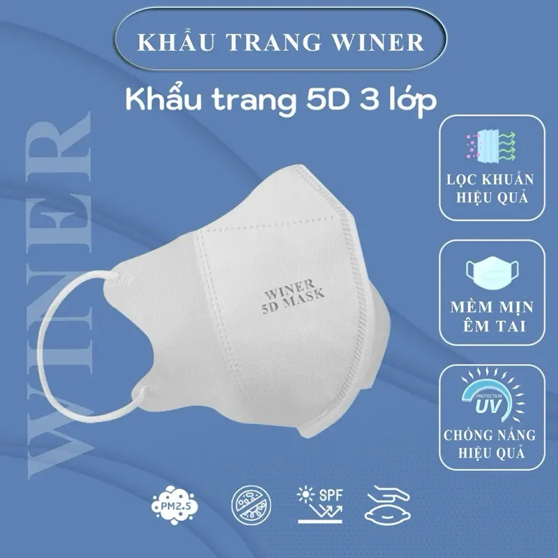 Combo 200 cái Khẩu trang 5D Winer người lớn Túi Dán 3 lớp vải vân 4s siêu mềm mịn. Quai đeo co giãn, êm tai. Đa dạng màu sắc. Mix màu thoải mái. - 1