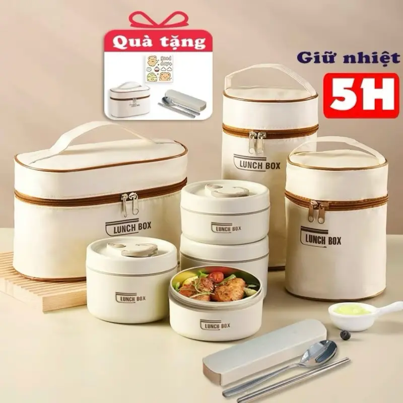 (Kèm đũa thìa) Hộp cơm giữ nhiệt Lucky, Hộp cơm trưa văn phòng cách nhiệt 3 tầng bằng thép không gỉ 304
