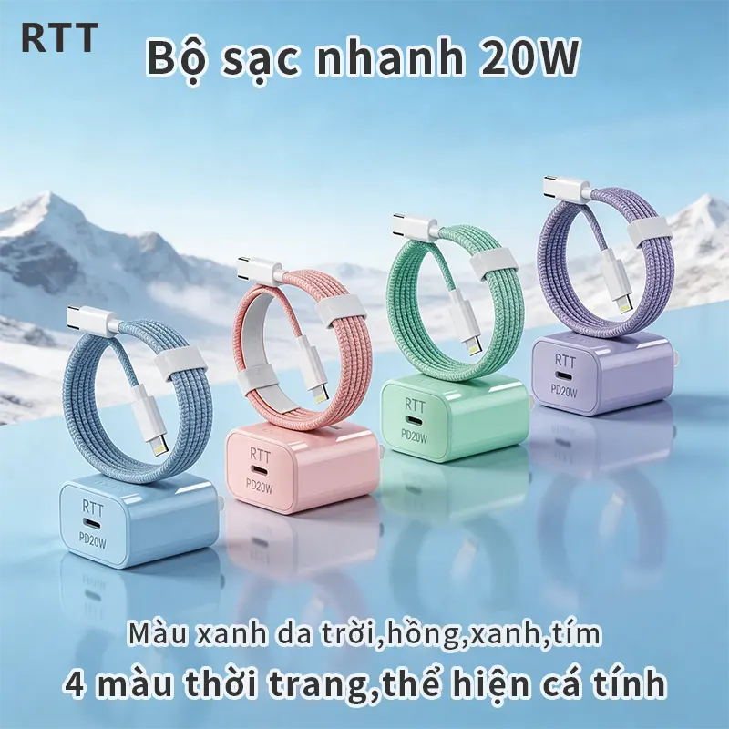 Bộ sạc nhanh 20W cho điện thoaị ip sạc 30p lên khoảng 60%. tương thích ip phụ kiện điện thoại ip6-14prmax.  Bộ sạc nhanh 20W cho ip 8-14 (sạc + cáp), vỏ nhựa ABS bền, cáp sạc bện, (PD 20.W + Type-C)