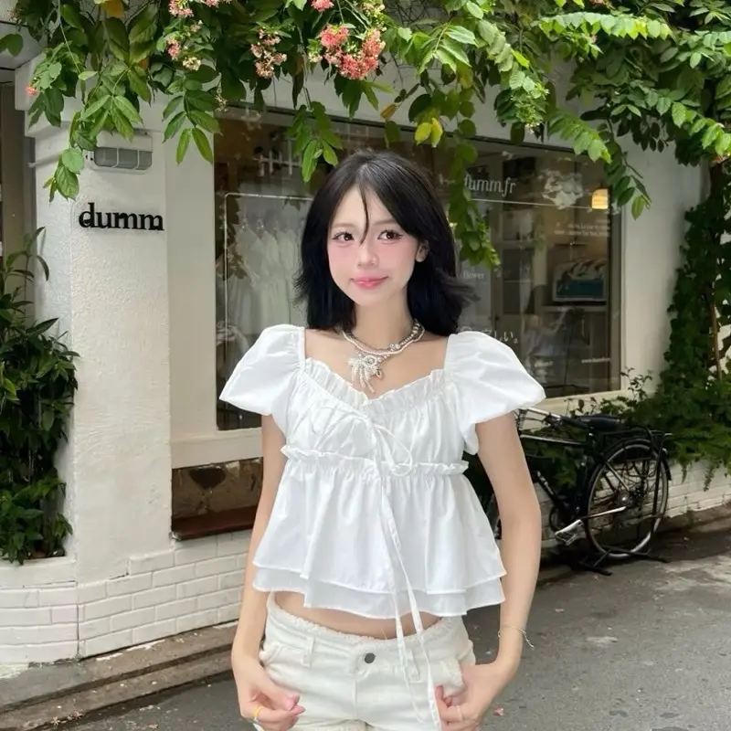 Tiany AT009 Áo Babydoll Tay Phồng Phối Bèo Free Size Màu Trắng Cotton Mềm Mại Thoáng Mát Phong Cách Nữ Tính Cho Phái Đẹp Yêu Thích Thời Trang Trẻ Trung