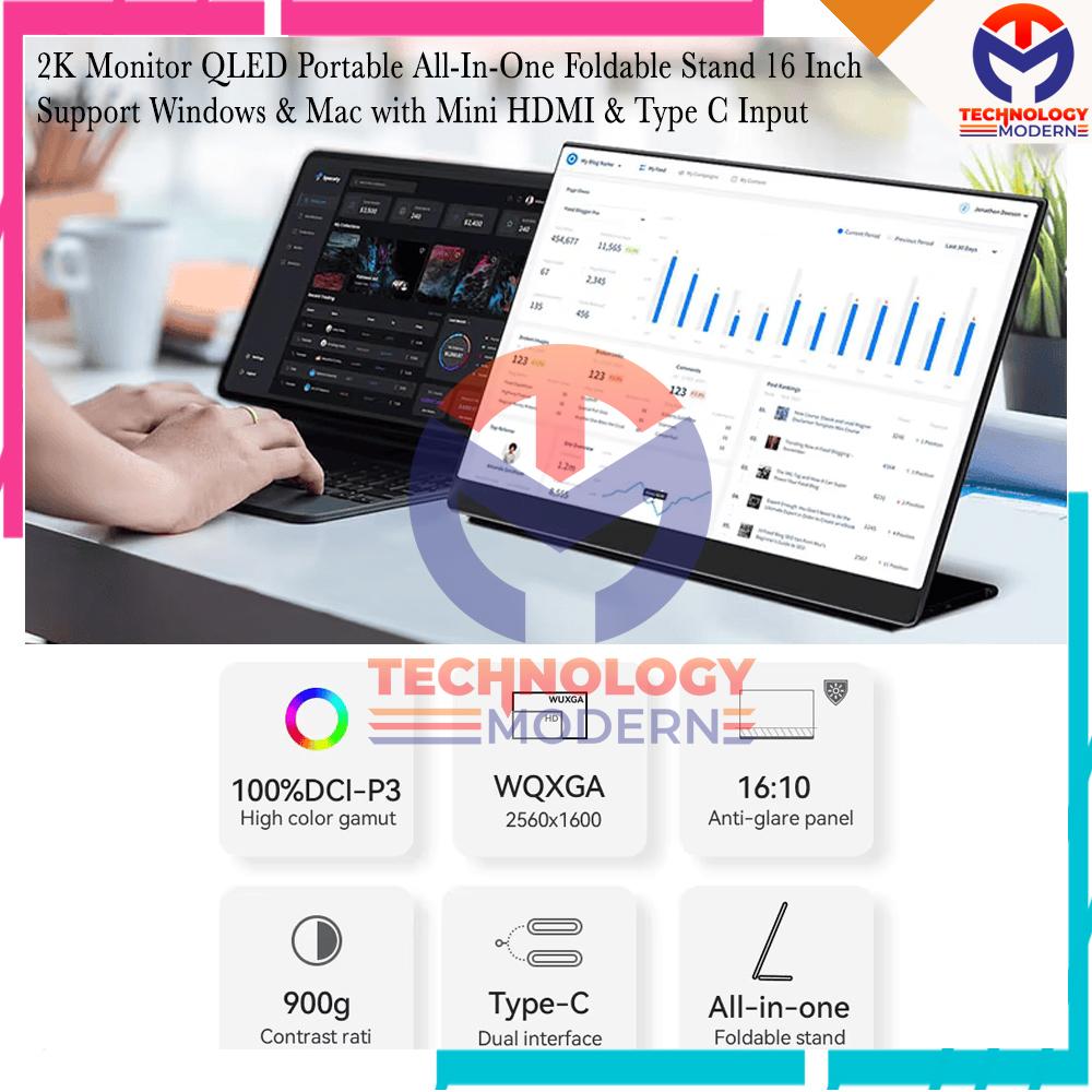 2K Monitor QLED Touchscreen Portable All-In-One Foldable Stand 16 Inch Support Windows & Mac with Mini HDMI & Type C Input