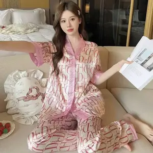 Piyama Set Wanita Bermotif Kekinian Lengan Pendek Celana Panjang Bahan Satin Premium Nyaman Saat Dipakai Seharian 009 Model 2