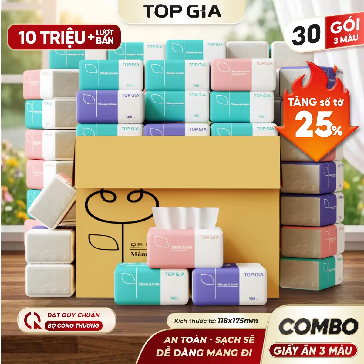 [GIẤY LỤA] Thùng 30 Gói Giấy 3 Màu TOPGIA 300 TỜ 4 LỚP chính hãng - Giấy rút để bàn 4 lớp mềm mại - giấy ăn cao cấp Đạt Chuẩn Bộ Công Thương Top Gia Hà Nội VTG38