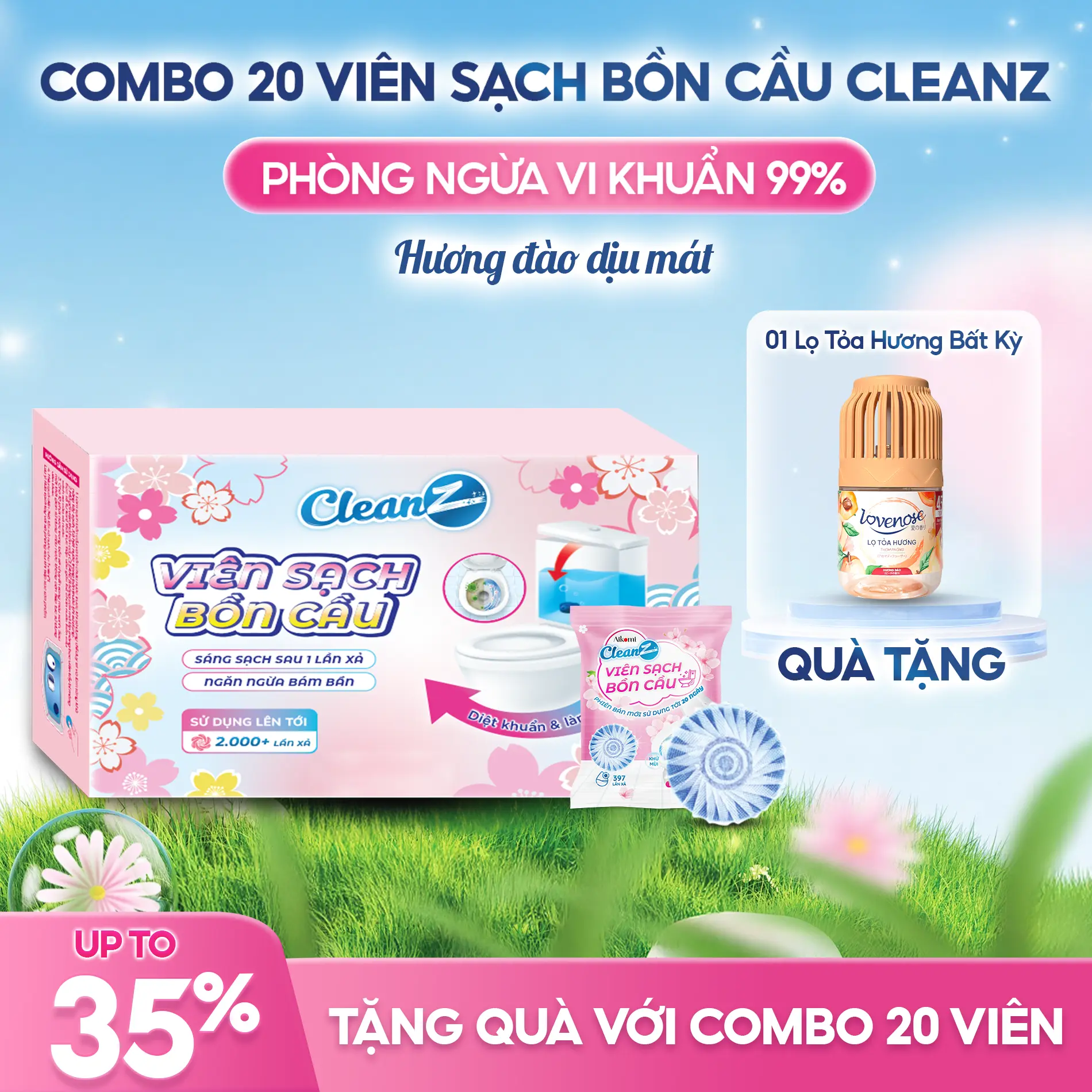 [MUA 1 ĐƯỢC 2] Viên Sạch Bồn Cầu CleanZ sạch khuẩn thơm mát làm sạch mảng bám khử mùi diệt vi khuẩn toilet thế hệ mới hương đào 50g/gói - 1