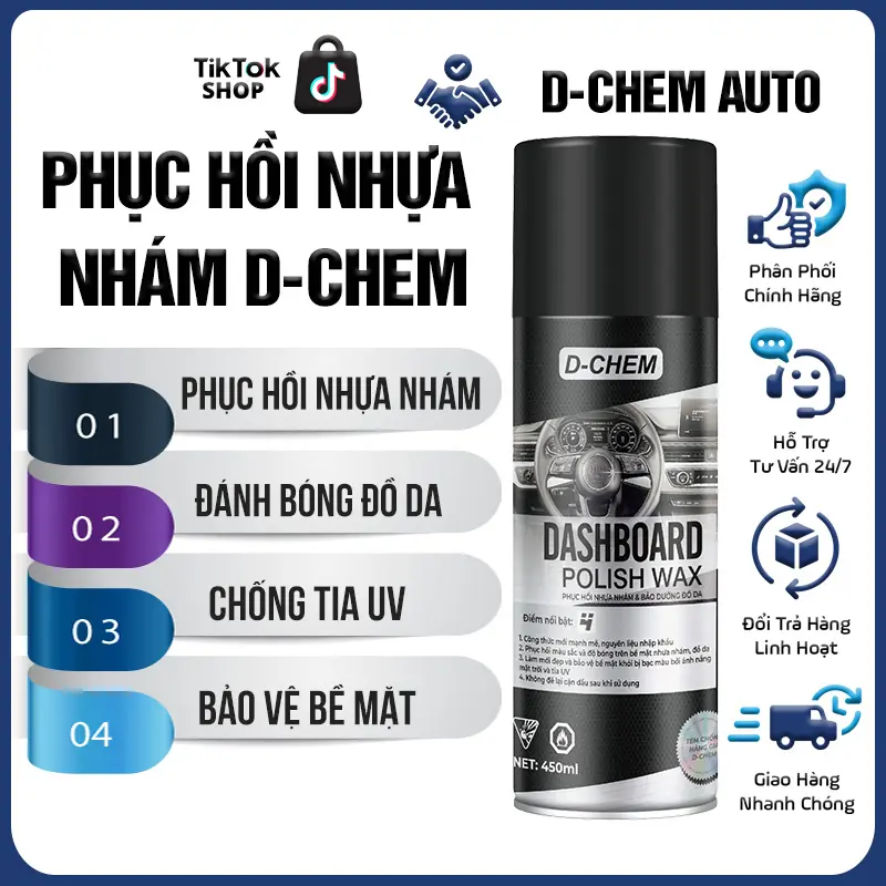 [Chai lớn 450ml] Chai Phục Hồi Nhựa Nhám D-Chem Dashboard Polish 450ml~380g Dạng Xịt Dưỡng & Đánh Bóng Nhựa Nhám Ô Tô Xe Máy