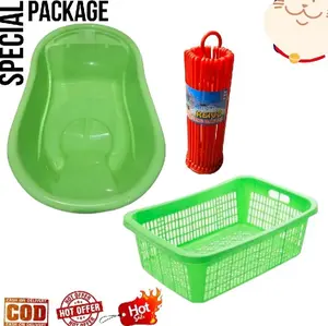 Paket Hemat 3produk Bak Mandi Bayi, Keranjang Pakaian & Hanger Puter