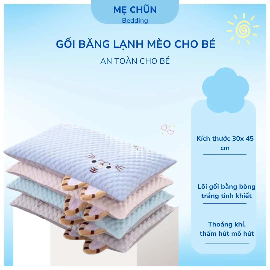 Gối trẻ em, gối cho bé băng lạnh thuê hình Mèo Cute, mềm mịn, thoáng mát, thấm hút mồ hôi