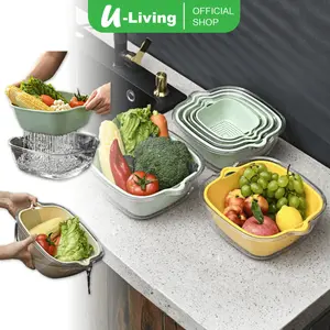 U-Living Set 6pc Keranjang Peniris Multifungsi 2layer Keranjang Baskom Pencuci Buah sayur Wadah Saringan Serbaguna KSO008