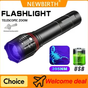 T6 Led 395nm UV Flashlight Zoomable Function EDC Torch Pet Urine Stains Detector Scorpion Mini UV Light Built-in Battery UV Lamp