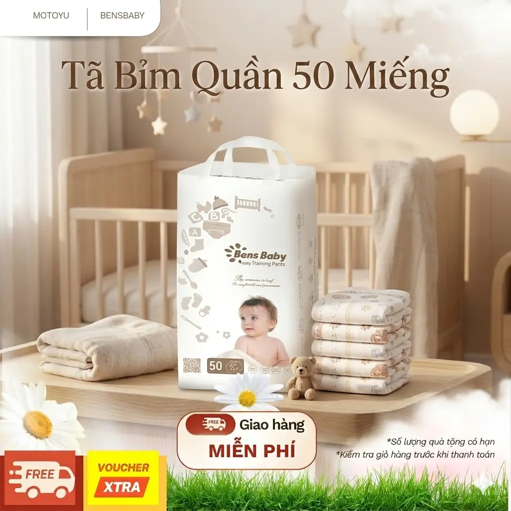 [Bens Baby ] Gói 50 Miếng Bỉm Tã Quần Cho Bé Đa Kích Cỡ M, L, XL, XXL Siêu Mỏng Thấm Hút Thoáng Mát Thích Hợp Cho Mùa Hè