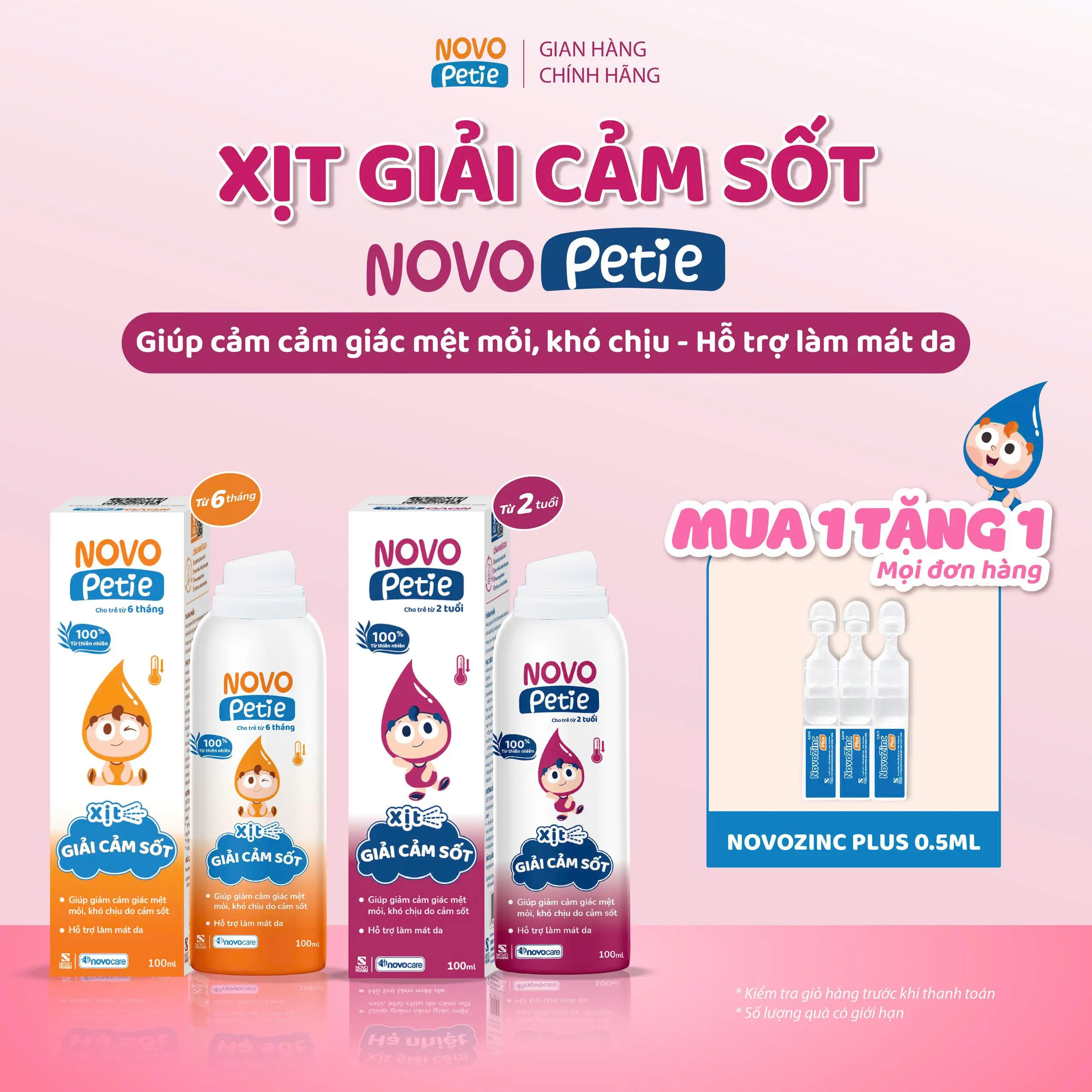 Xịt giải cảm hạ sốt Novopetie giảm khó chịu do cảm cúm, làm mát, lọ 100ml