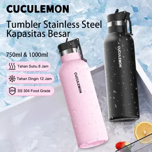 CucuLemon Botol Minum 1000ml & 750ml Stainless Steel 304 Vacuum Insulated Tahan Panas Dingin Design 2in1 dengan Pegangan Jinjing & Silikon untuk Gelas Mobil & Travel Tumbler Termos Thermos tumblers stainless botol minum sport cup bottle tumbler lucu cew