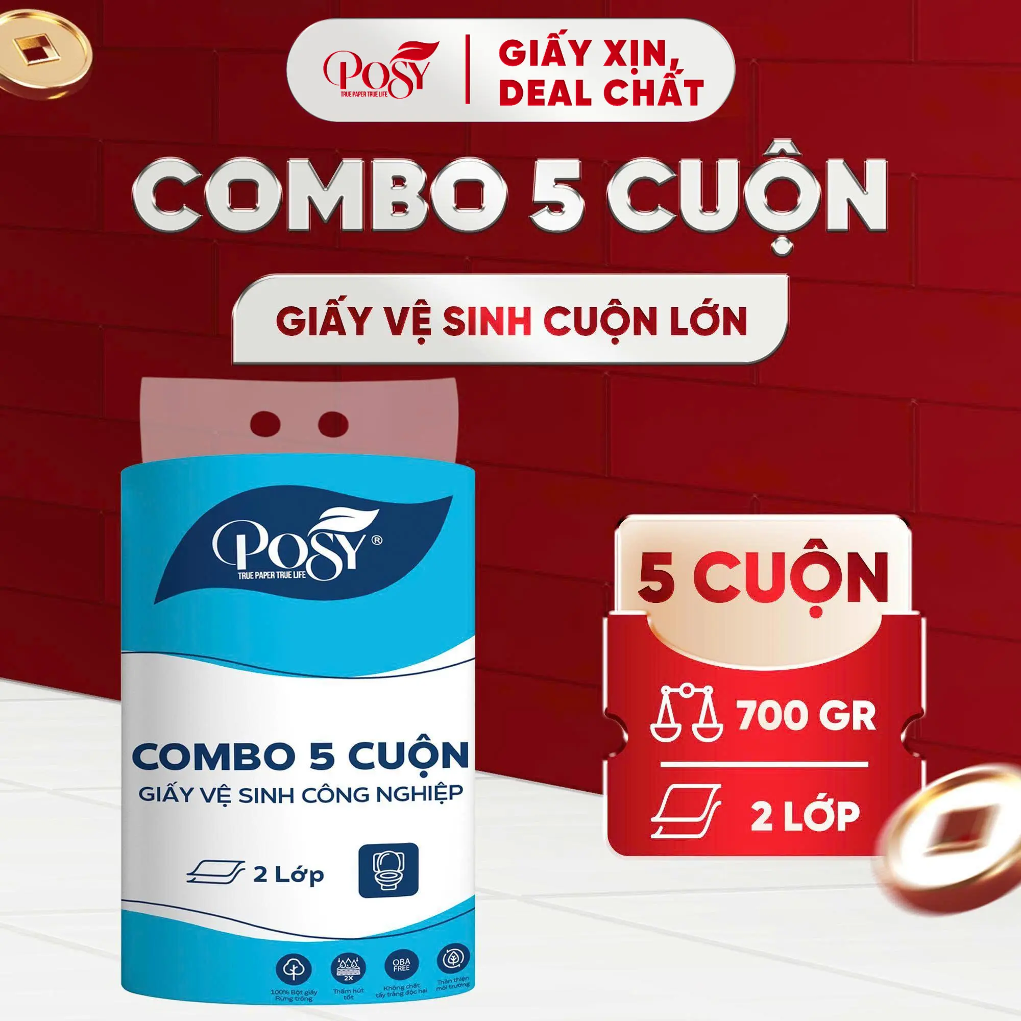 Posy - Combo 5 Cuộn Giấy Vệ Sinh Công Nghiệp Cuộn Lớn 700G/C, 2 Lớp Định lượng 18 gsm Mềm Mịn,DAI Tiết Kiệm Thân Thiện Với Môi Trường Tan Nhanh Trong Nước