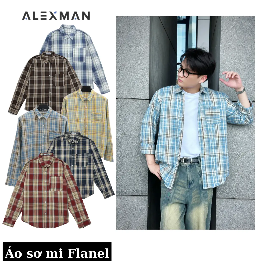 Áo sơ mi A5 kẻ flanel dạ  dài tay cotton, Áo sơ mi dài tay chính hãng unisex nam nữ style form rộng - 1