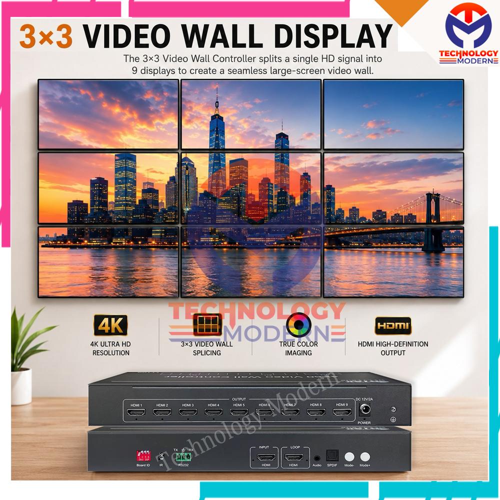 4K60 HDMI Video Wall Controller 3x3 (1 Input 9 Output) Support Looping Untuk Sistem Cascading