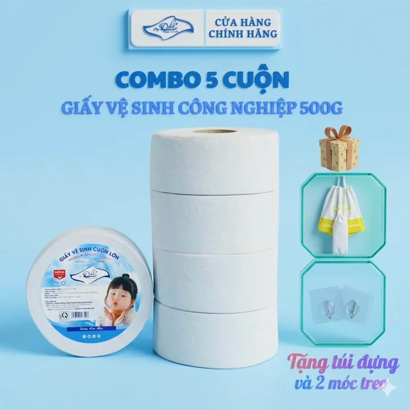 [TẶNG TÚI] Combo 5 cuộn -  GIẤY VỆ SINH CUỘN LỚN 500GR DOLA - giấy 3 lớp mềm mịn tan nhanh trong nước giấy cuộn giấy rút - dùng cho hộ gia đình