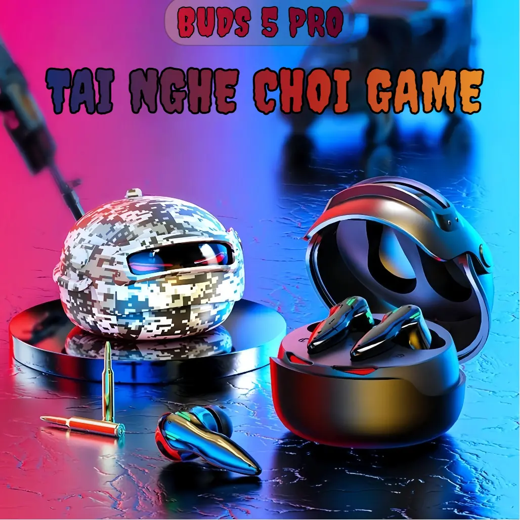 BUDS 5 PRO Mới Nhất Chơi Game Tai Nghe, Thiết kế mũ bảo hiểm độc nhất thế giới,  Hiệu ứng ánh sáng siêu ấn tượng, Âm thanh nổi cấp độ HiFi, Mic tích hợp chống nước IPX5, Giảm tiếng ồn ENC, Điều khiển cảm ứng, Với iPhone và Android