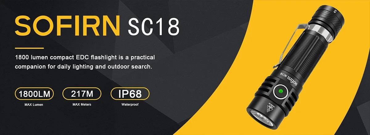 Sofirn SC18 Senter Kinerja Tinggi EDC 1800lm USB C Maksimal 23 Jam Isi Ulang LED SST40 18650 3000mAh dengan Lensa Optik TIR dan Indikator Daya Lampu