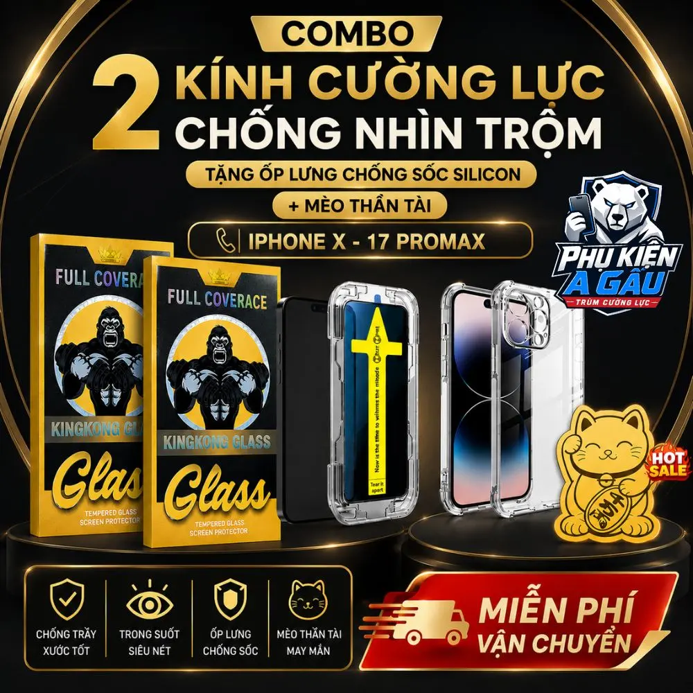 Combo 2 Kính cường lực iphone khung trợ dán KINGKONG chống nhìn trộm full màn lphone x xs xr 11 12 13 14 15 16 17 pro max plus, Phụ kiện miếng dán bảo vệ màn hình, Kính cường lực Kingkong, tặng 1 Ốp chống sốc + 1 mèo thần tài - Cuong luckingkong