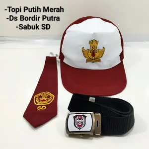 Set Perlengkapan Sekolah SD Dasi Topi SD Perempuan & Laki Laki Topi Putih Merah Ds Bordir Putra Sabuk SD