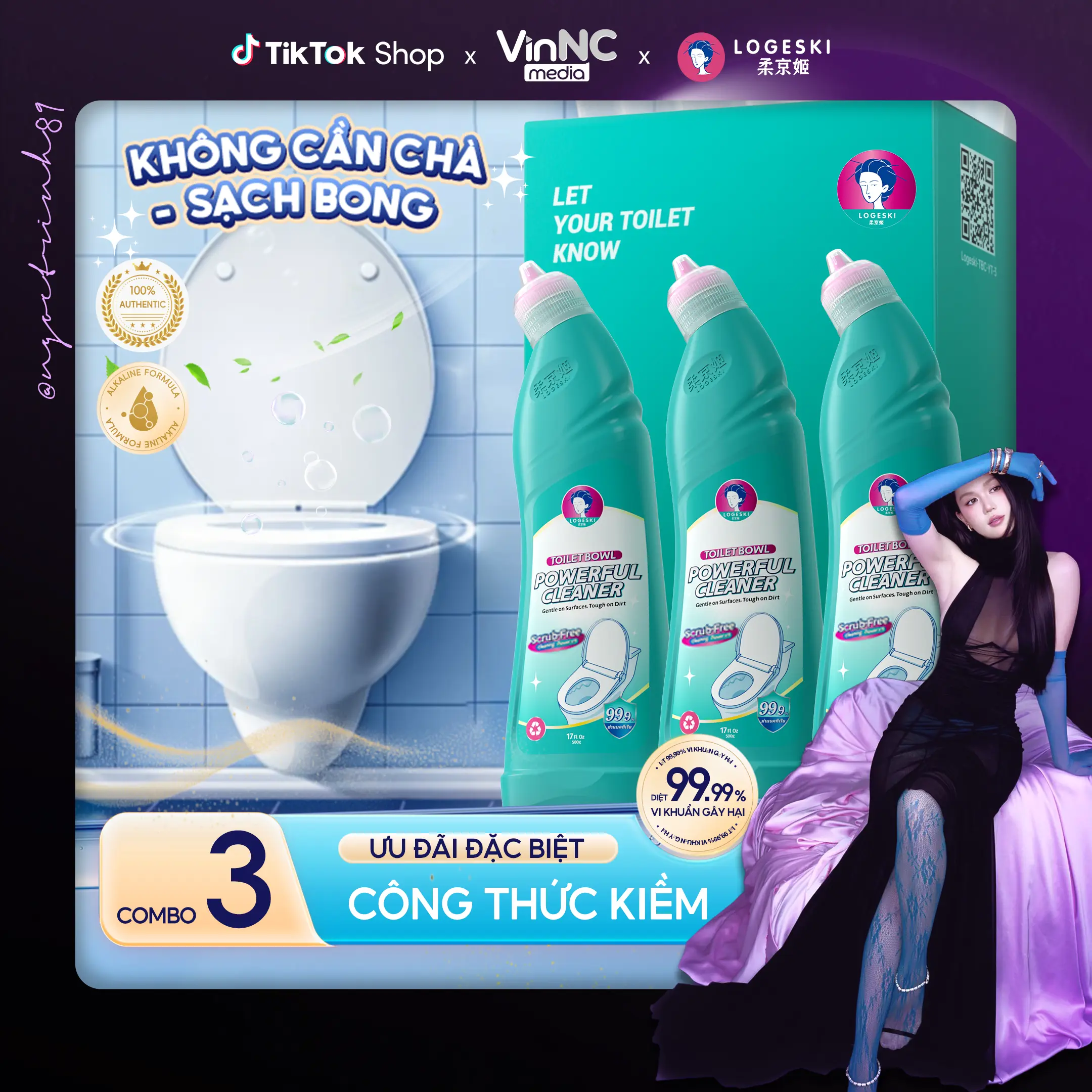 ( Ngọc Trinh ) Nước tẩy bồn cầu Logeski, Sạch không cần chà, công thức kiềm, khử trùng và khử mùi 500ml × 3 chai, dùng để làm sạch lát gạch và kính