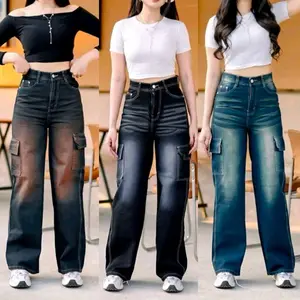 Celana Cargo Retro Loose Jeans Wanita Highwaist Baggy Premium Import Size 27-34  Denim Panjang