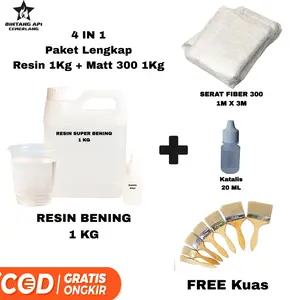 TEBUS MURAH Paket Resin Bening 1 Kg Plus Serat Fiber Matt 300 1 Kg 1M x 3M Plus Katalis 20ML Free Kuas