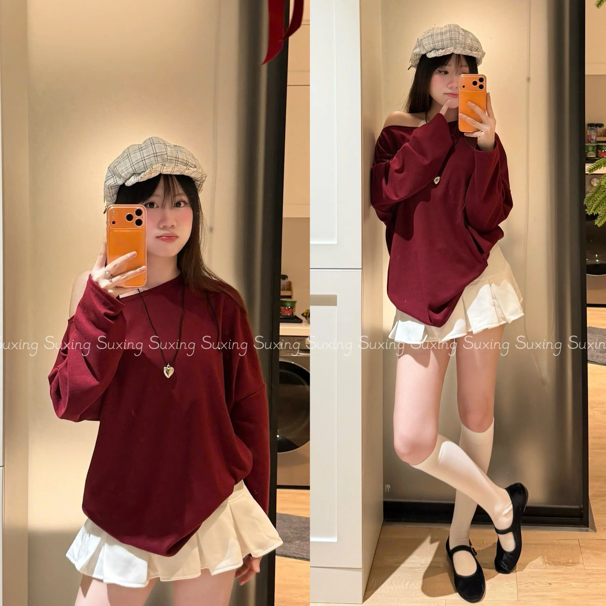 SUXING Áo lệch vai dài tay, Áo thun dài tay lệch vai chất thun tăm thỏ mềm mại Nữ - S104
