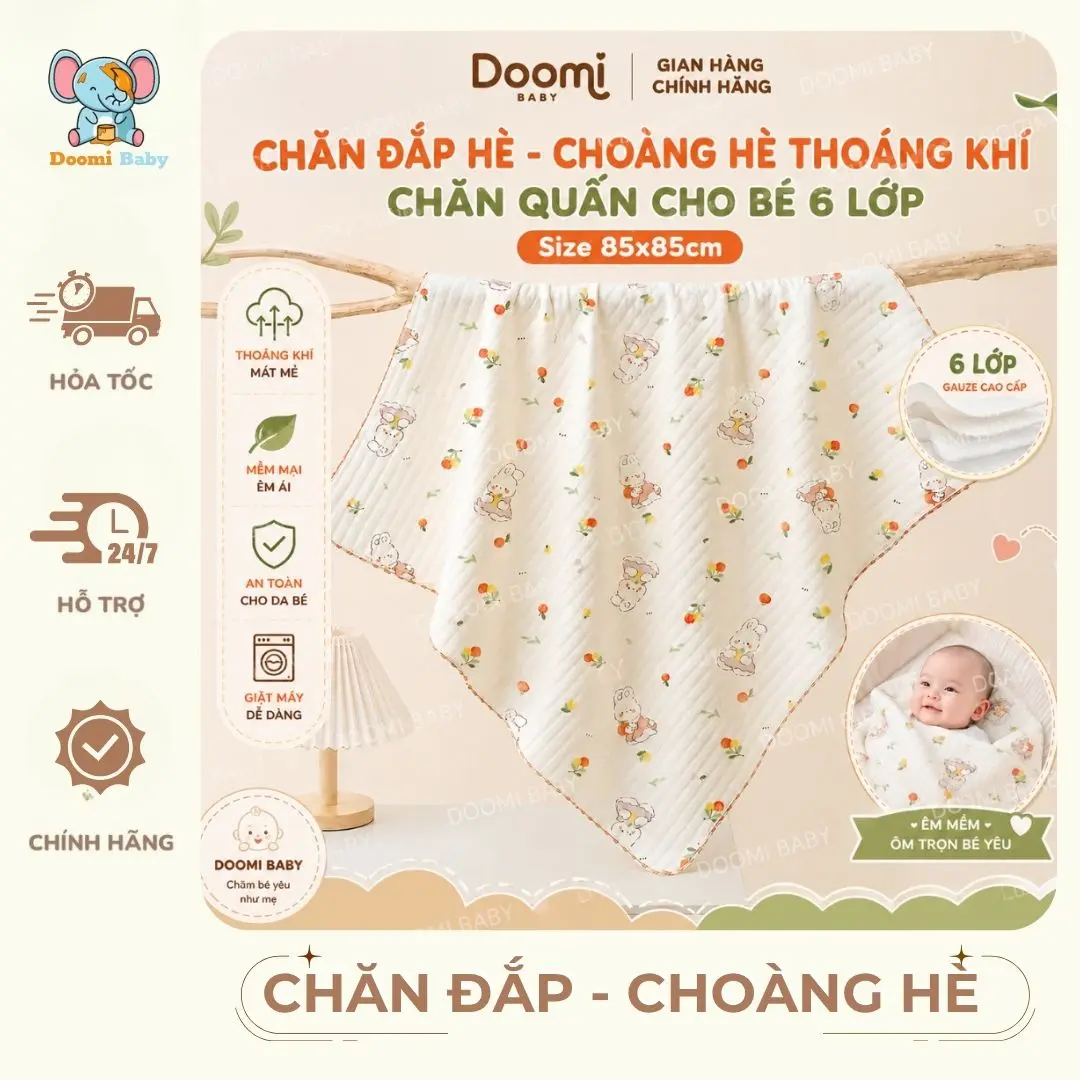 [GIÁ SIÊU RẺ] Chăn Mền 6 Lớp Điều Hòa Cotton Hàn Họa Tiết Động Vật Cực Đáng Yêu Cho Bé Kích Thước 85x85cm Doomi Shop - HT531 - HT833