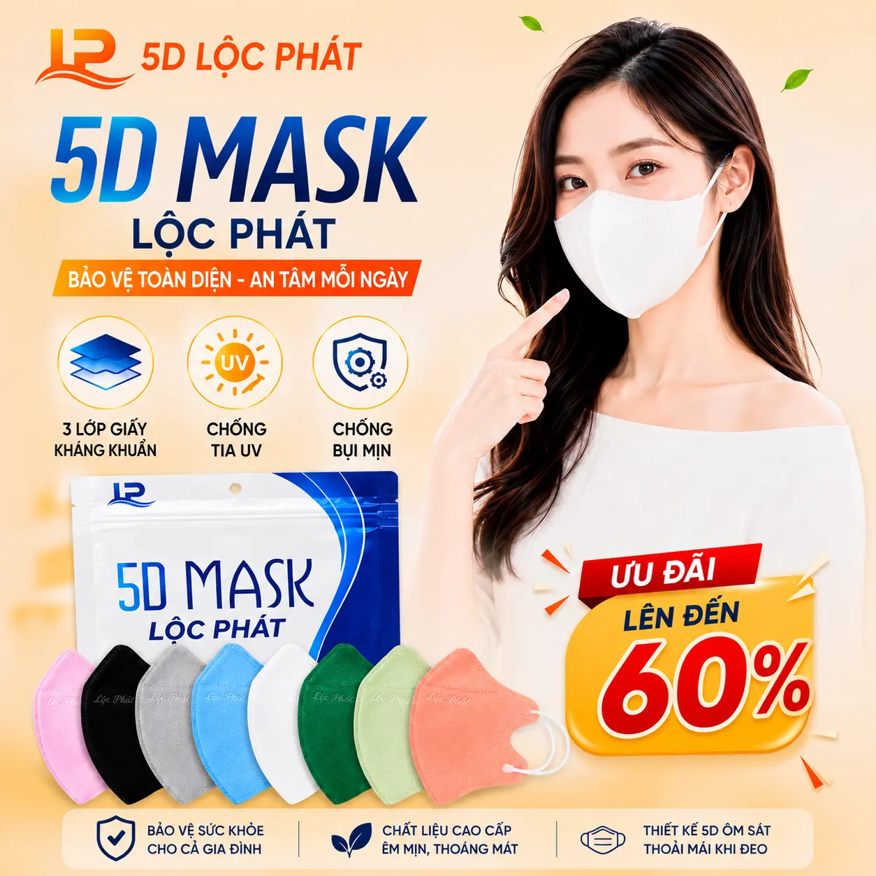 [Combo 40c-200c] Khẩu Trang 5D Lộc Phát (túi 20 cái) Khẩu Trang Ôm Mặt Dành Cho Người Lớn Ngăn Ngừa Khói Bụi Mịn Dùng Một Lần