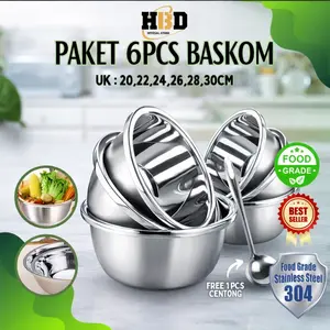 “COD” Baskom 6pcs-baskom+Centong/baskom/Bumbu Set Baskom Stainless steel/mangkuk bumbu/Baskom dapur rumah tangga dari stainless steel, food grade, untuk mengocok telur, menguleni adonan,mencuci sayuran, mencuci beras,memanggang,Kitchenware/live