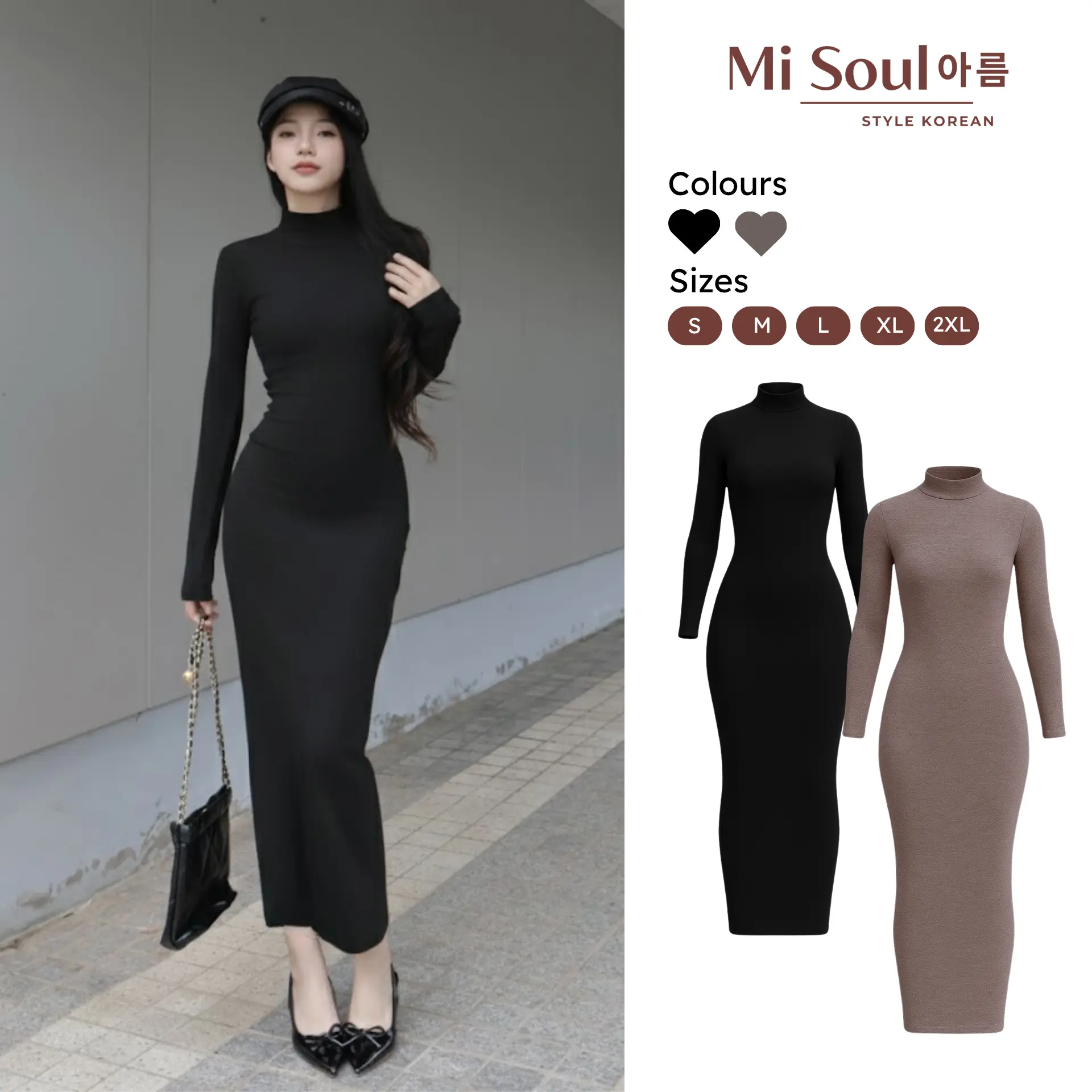 Váy Len Ôm Dáng  Dài  Ôm Xẻ Phía Sau/ Không Xẻ, Cổ 3 Phân/ Cổ Tròn Chất Len Lông Thỏ Misoul, Váy Maxi Mùa Đông Ôm Body Dài Tay MiSoul 360 Nữ Women Dress Đen - 1