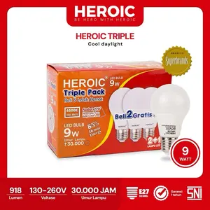 Heroic Lampu Bohlam LED Triple Pack 9W Cahaya Putih Isi 3pcs