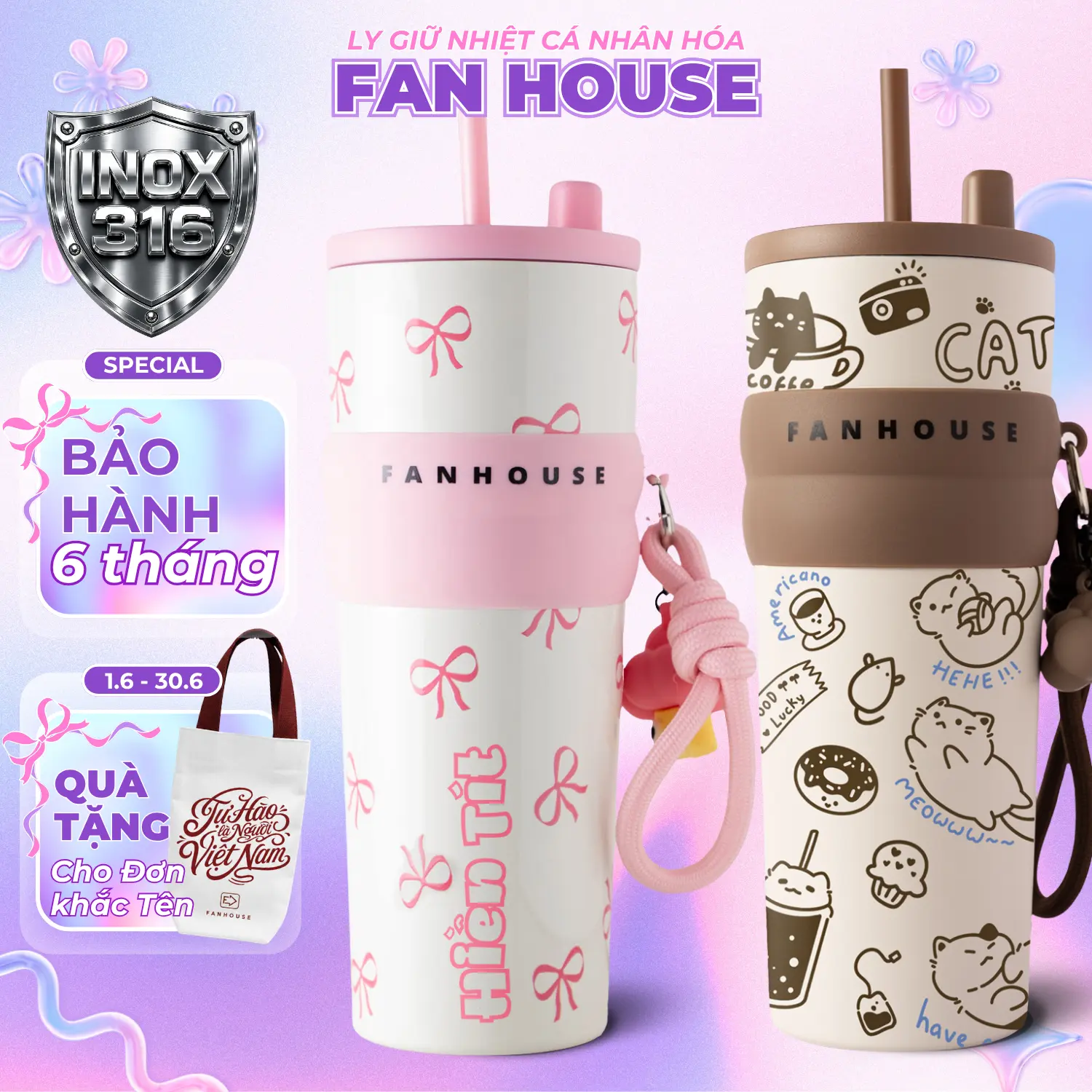 [Tặng Túi Canvas Khi Khắc Tên] Ly giữ nhiệt Candy inox 316 cao cấp, bình giữ nhiệt 710ml có ống hút Fan House khắc tên theo yêu cầu - 1