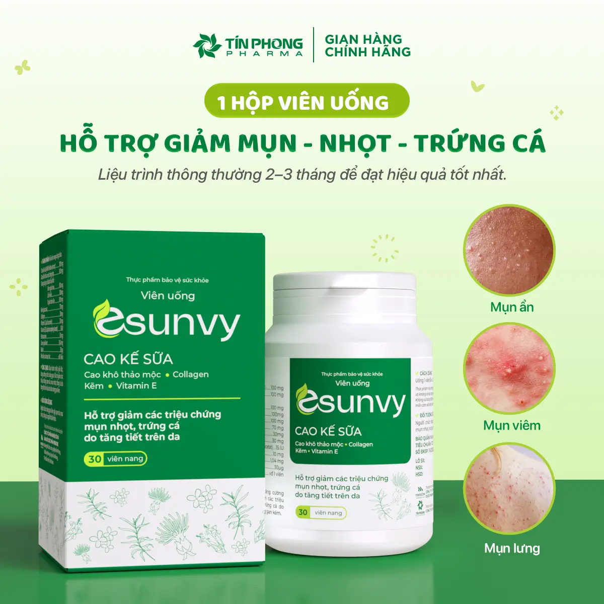 ESUNVY Viên Uống Giúp Giảm Mụn Nhọt Trứng Cá , Thanh Nhiệt Thải Độc. Tăng Cường Chức Năng Gan. Hộp 30 Viên - 1