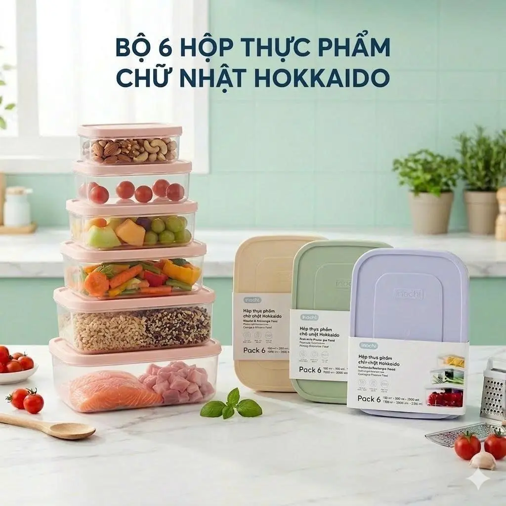 Bộ 6 Hộp đựng thực phẩm chữ nhật Inochi (500-750-1000-1500-2000-2500ml) chất liệu nhựa cao cấp