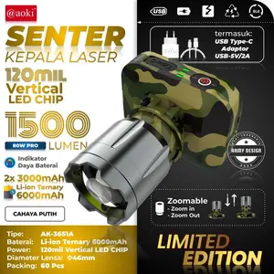 Senter Kepala LED Zoom Laser 80 Watt 1500 Lumen  Aoki AK-3651A/AK-3652K Army PRO Cahaya Putih & Kuning Waterproof Super Terang Batre 6000mAh Tahan Hingga 50 Jam Plus RechargePro USB-C, 80W Fokus & Penyebaran Zoom