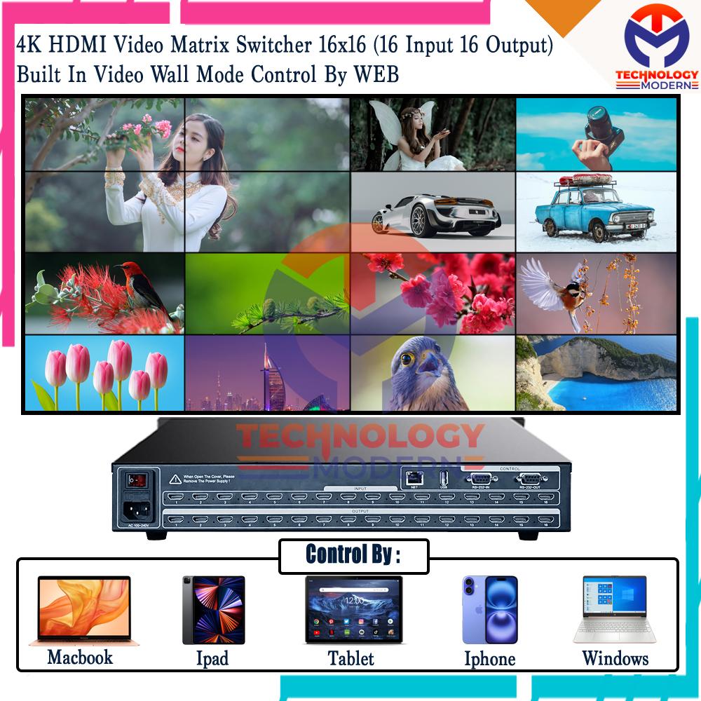 4K HDMI Video Wall Processor/Controller 4x4 (16 Input 16 Output) Built In HDMI Matrix Switcher 16x16 Control WEB GUI Black