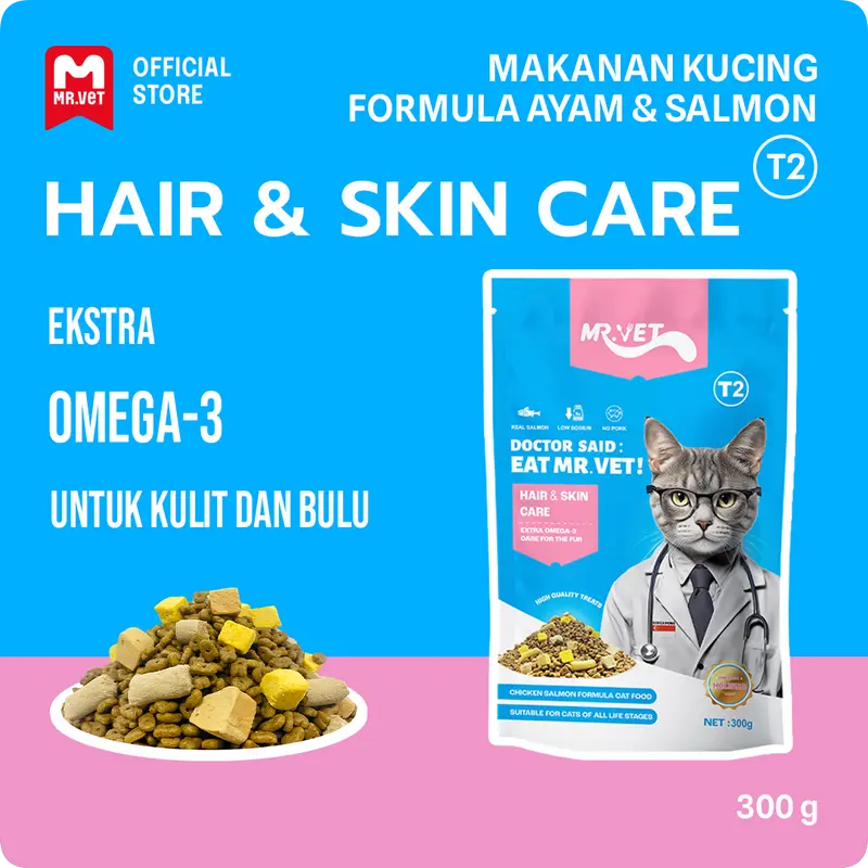 Makanan Kucing Kering Mr.Vet T2 Paket Percobaan 300g yang membuat Bulu mengkilap, Mengurangi Kerontokan, cocok untuk Segala Usia【GM】
