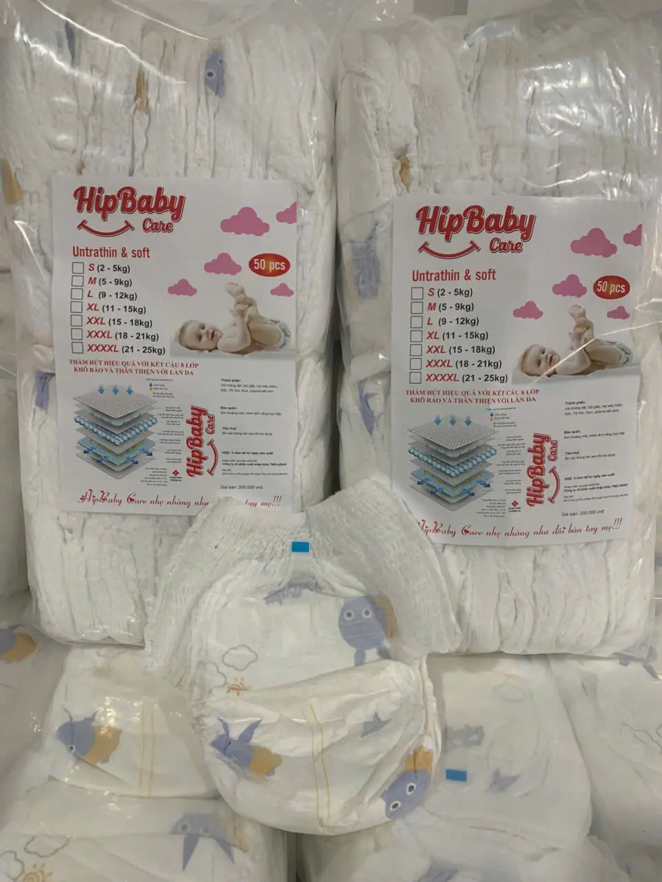 Combo 2 Bịch 100 miếng Bỉm HipBaby cho bé Loaị 1 from xuông Mềm Mỏng, Mặt 3D, Khô Thoáng, Đủ Size Từ M Đến 4XL